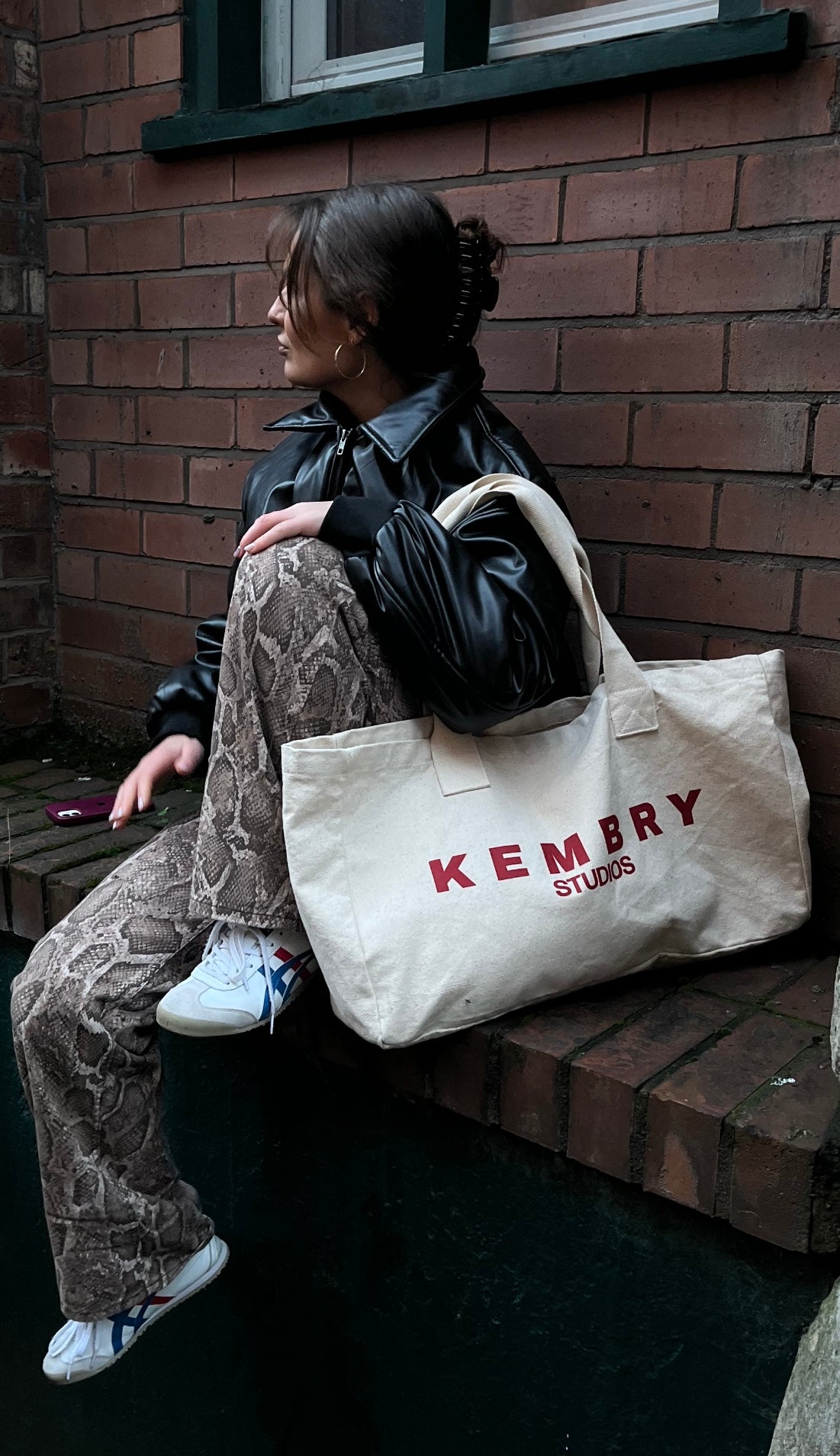 Large Beige and Red Tote Bag