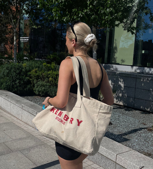 Large Beige and Red Tote Bag